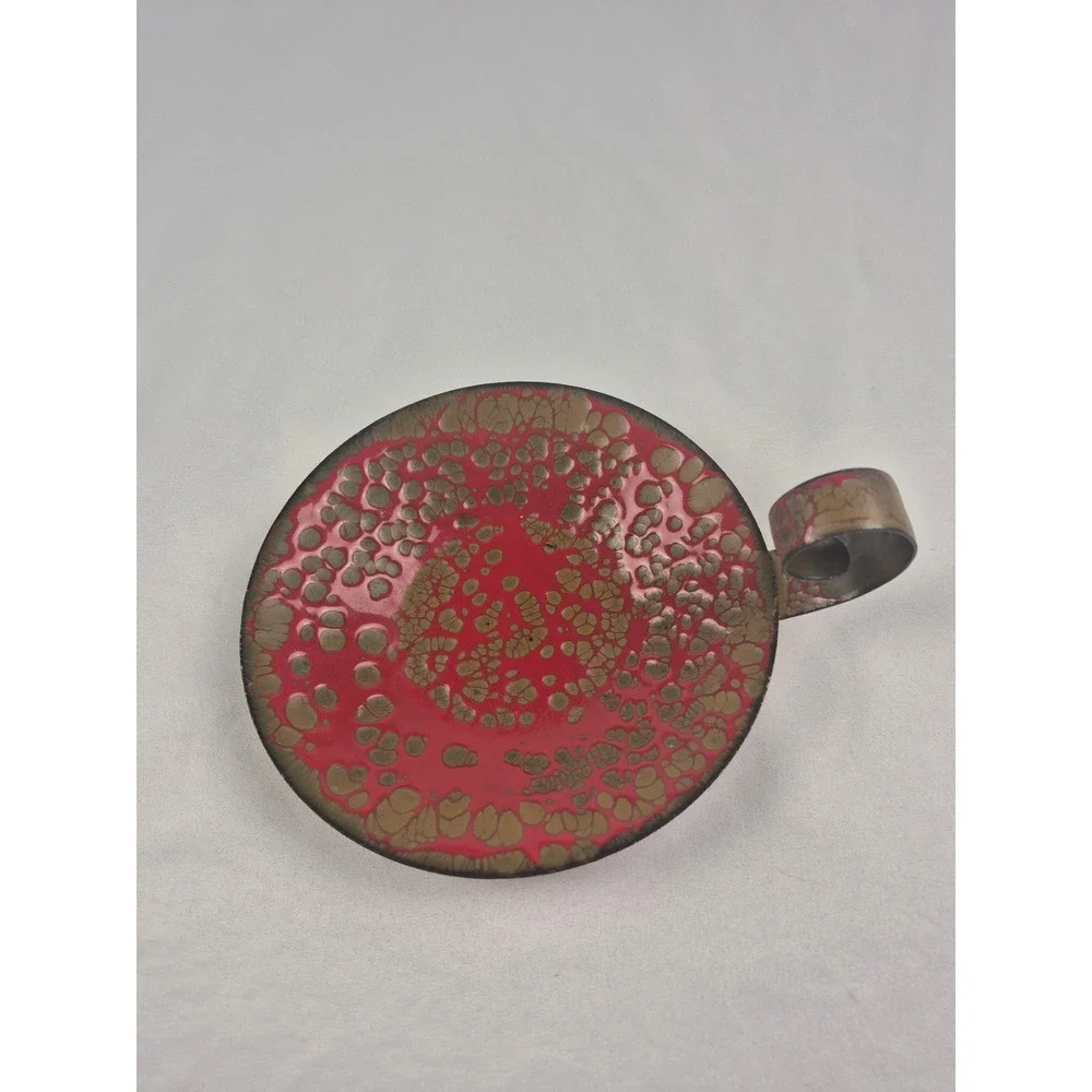 Vintage MCM Enamel Copper Candle Holder Red Gold Lava Glaze Chamberstick 4.5